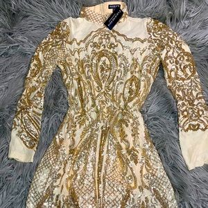 FashionNova Calcy Sequin Mesh Dress Gold